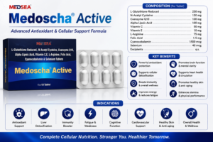 Medoscha Active tablets by Medsea Healthcare with Glutathione, NAC, Coenzyme Q10, Alpha Lipoic Acid, Vitamins C and E for antioxidant and cellular support