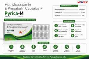 Pyrica M Methylcobalamin 1500 mcg and Pregabalin 75 mg capsules by Medsea Healthcare for nerve health and neuropathic pain support