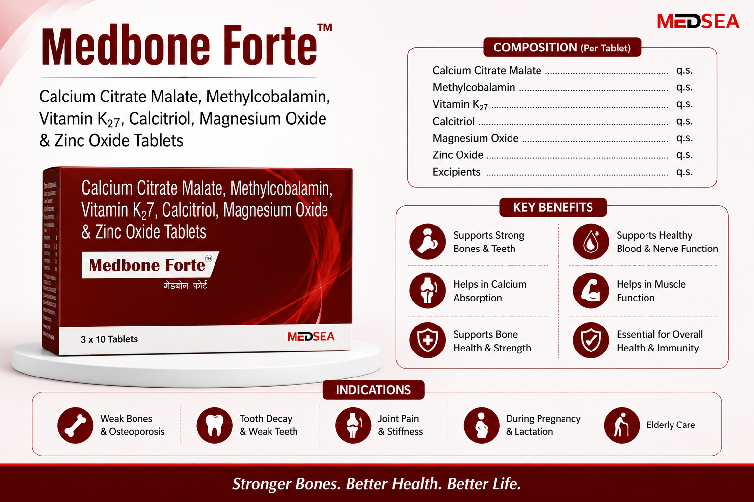 Medsea Medbone Forte Calcium Citrate Malate, Methylcobalamin, Vitamin K2 7 and Calcitriol Tablets
